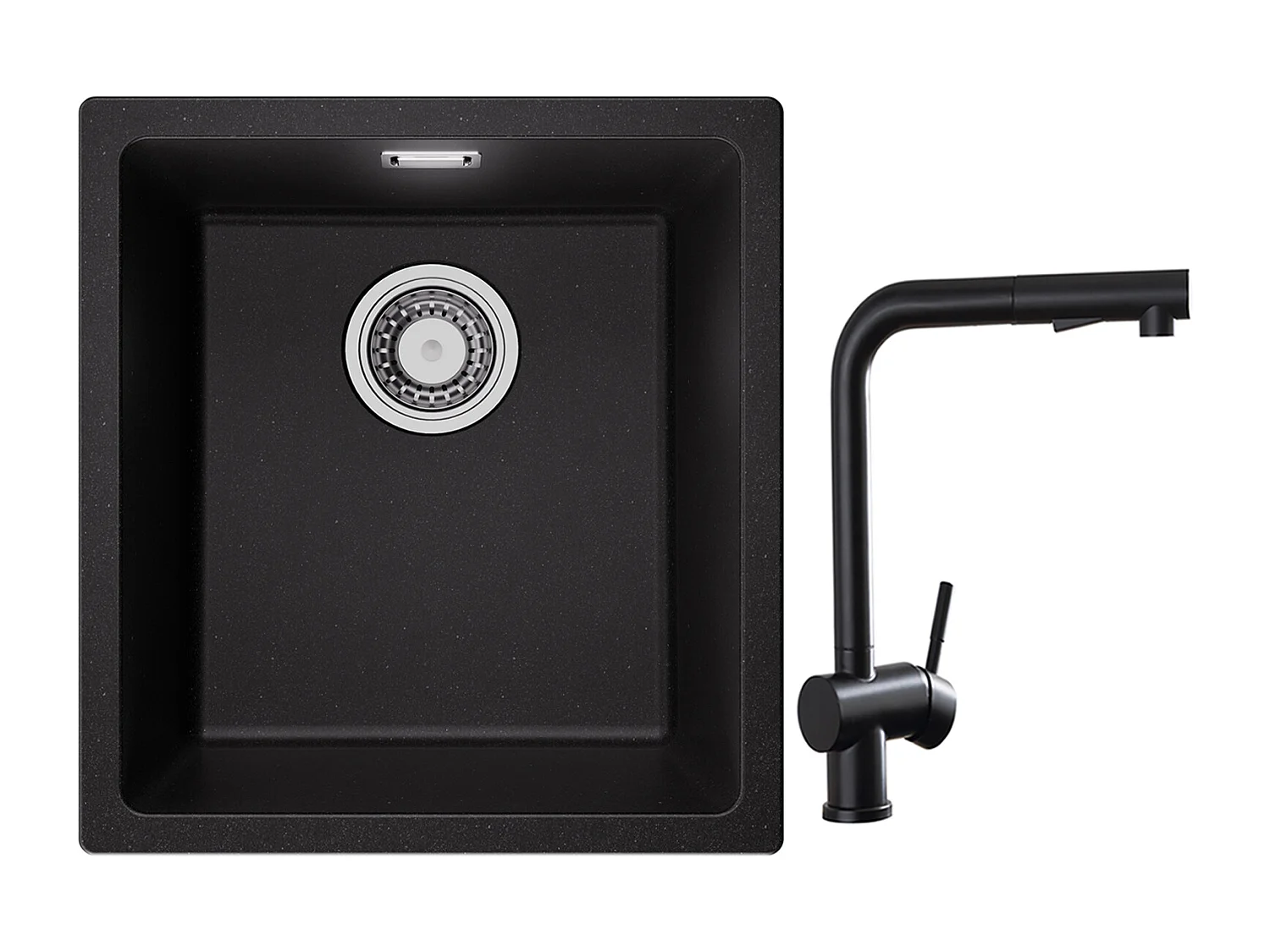 CECIPA MAX Fregadero 1 Seno de Cuarzo y Resina Negro Gris 40*44*20cm + Grifo de Cocina con Ducha Extraíble, Mezclador de Fregadero Negro