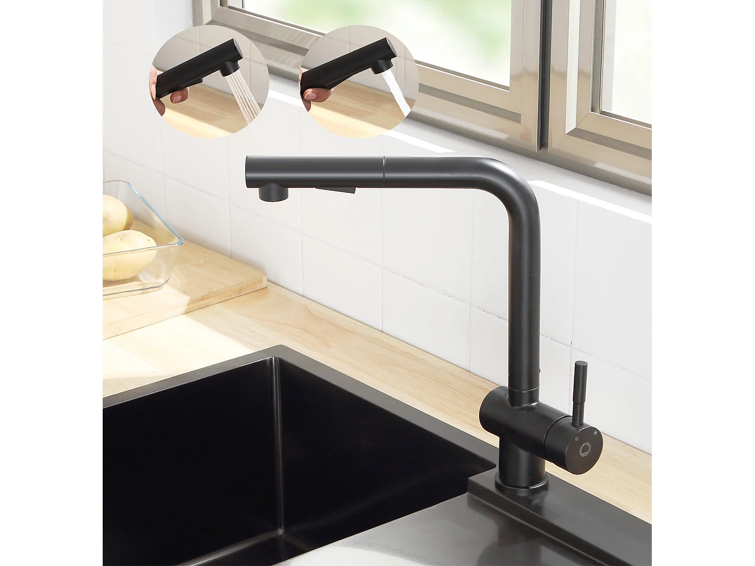 CECIPA MAX Fregadero 1 Seno de Cuarzo y Resina Negro Gris 40*44*20cm + Grifo de Cocina con Ducha Extraíble, Mezclador de Fregadero Negro