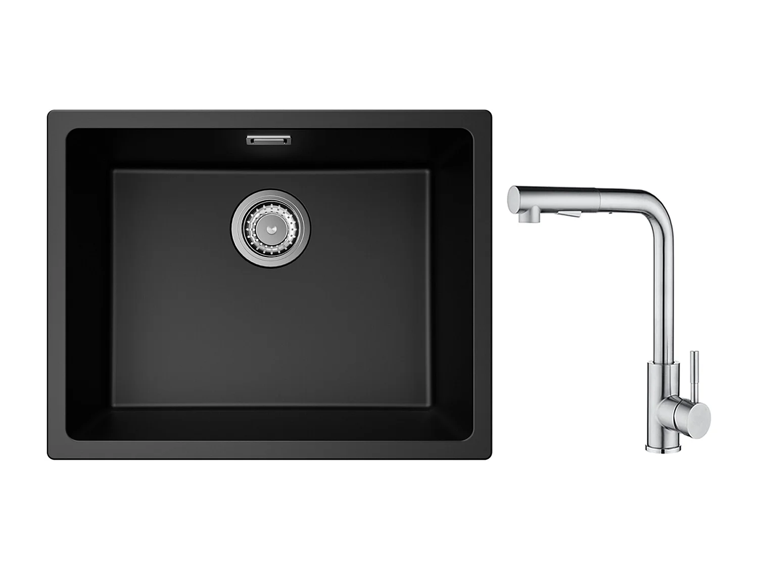 CECIPA MAX Evier 1 Bac en Quartz et Résine Noir Gris 55*44*20cm + Mitigeur Cuisine Brossé avec Douchette Extractible - 2 Jets aux Choix