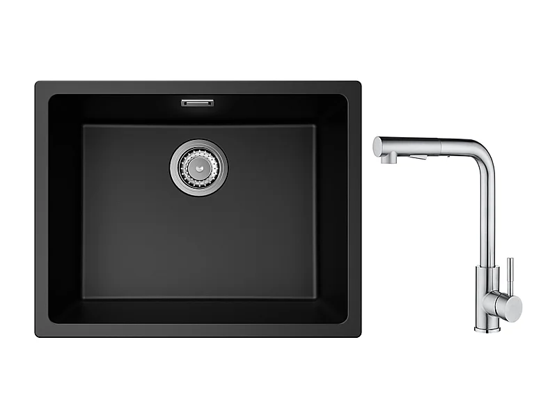 CECIPA MAX Evier 1 Bac en Quartz et Résine Noir Gris 55*44*20cm + Mitigeur Cuisine Brossé avec Douchette Extractible - 2 Jets aux Choix