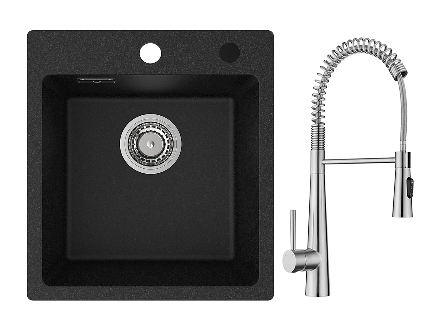 Cecipa max Fregadero de Cocina de Cuarzo y Resina Fregadero de Cuarzo 40x45 cm 1 Seno Negro + Mezclador de Cocina de Resorte con 3 Salidas de Agua, Cepillado