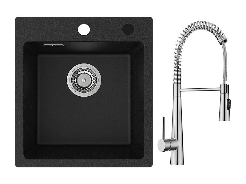 Cecipa max keukenspoelbak in kwarts en hars 40x45cm quartz spoelbak 1 bak zwart + veer keukenmengkraan met 3 waterafvoermodi, geborsteld