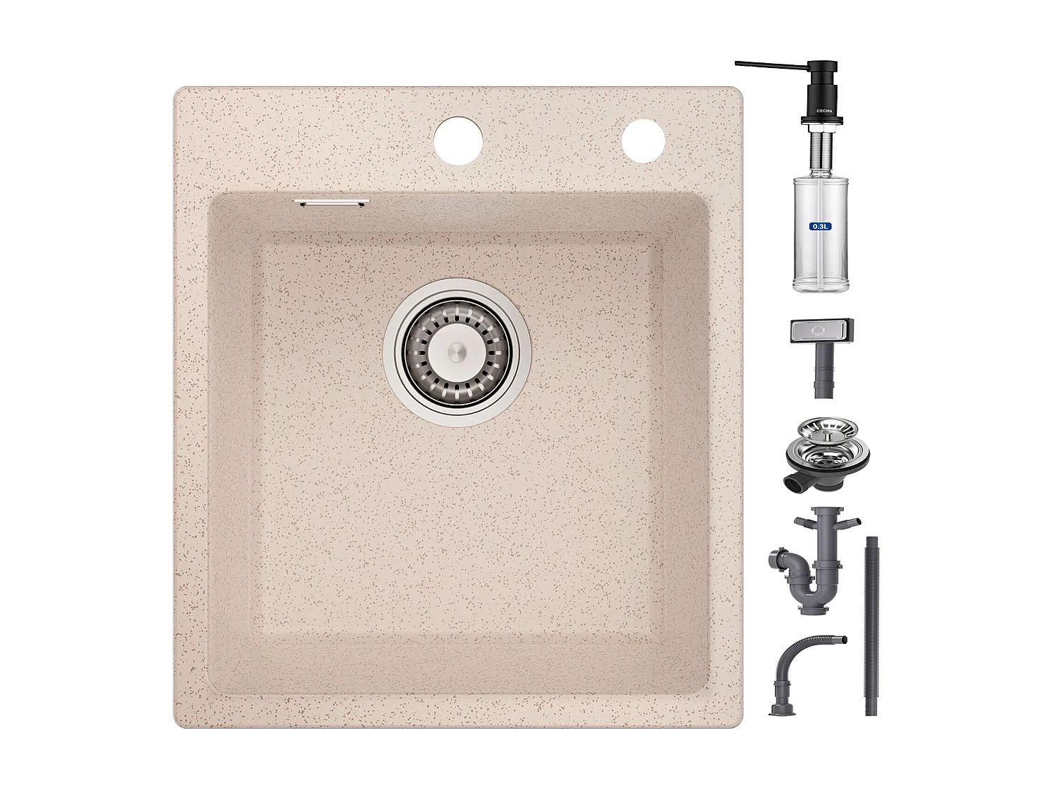 Cecipa max Lavello 1 Vasca in Quarzo e Resina Colore Avena Lavello Cucina 40x45cm Lavello Incasso 1 Vasca + Dosatore Sapone 300ML Nero