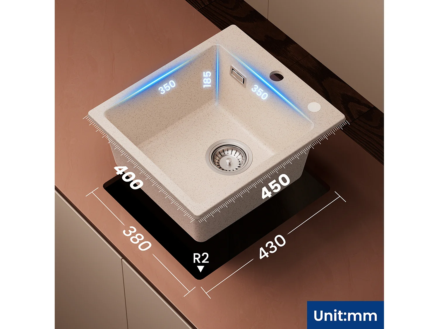 Cecipa max Lavello 1 Vasca in Quarzo e Resina Colore Avena Lavello Cucina 40x45cm Lavello Incasso 1 Vasca + Dosatore Sapone 300ML Nero