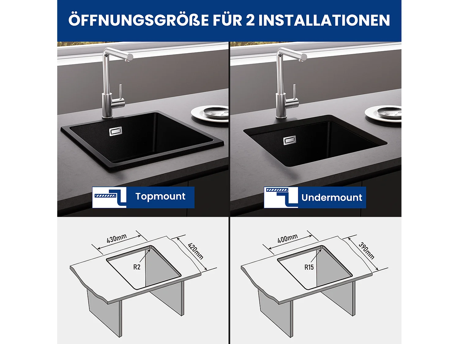 CECIPA MAX spoelbak 1 kom in kwarts en hars zwart grijs 45*44*20cm + lente keukenmixer met 3 waterafvoermodi, zwart