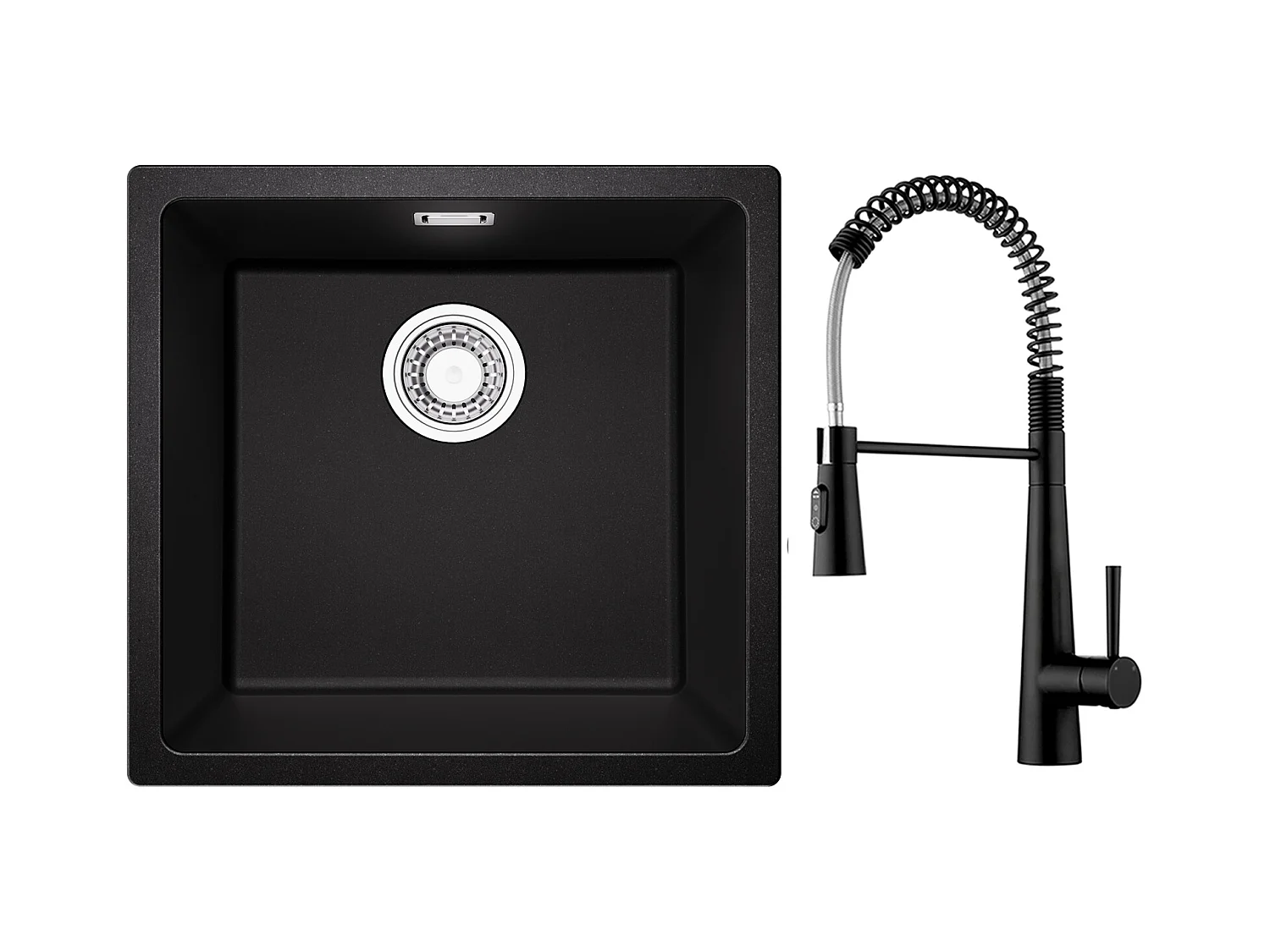 CECIPA MAX Lavello 1 Vasca in Quarzo e Resina Nero Grigio 45*44*20cm + Miscelatore Cucina Spring con 3 Modalità di Uscita Acqua, Nero