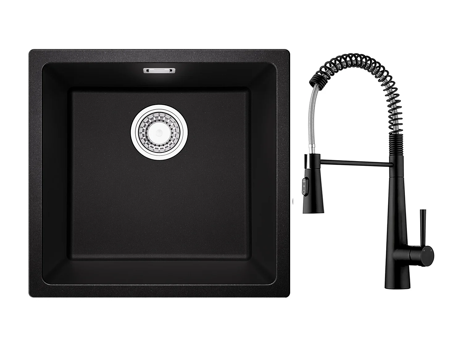 CECIPA MAX Evier 1 Bac en Quartz et Résine Noir Gris 45*44*20cm + Mitigeur de Cuisine à Ressort avec 3 Modes de Sortie D'eau, Noir