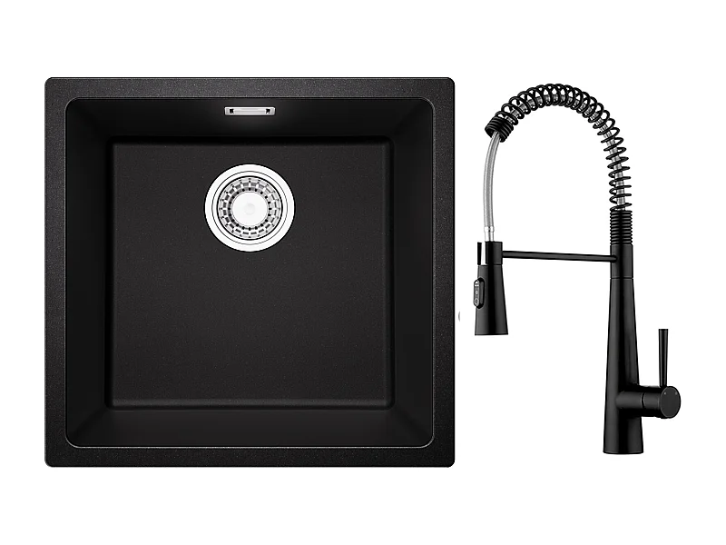 CECIPA MAX Evier 1 Bac en Quartz et Résine Noir Gris 45*44*20cm + Mitigeur de Cuisine à Ressort avec 3 Modes de Sortie D'eau, Noir