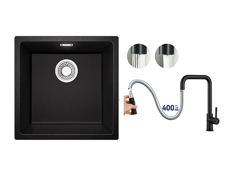 Einzelbecken aus Quarz- und Kunstharzspüle, 3 Montageoptionen, 45 x 44 x 20 cm + Mischbatterie mit ausziehbarer Brause, schwarz