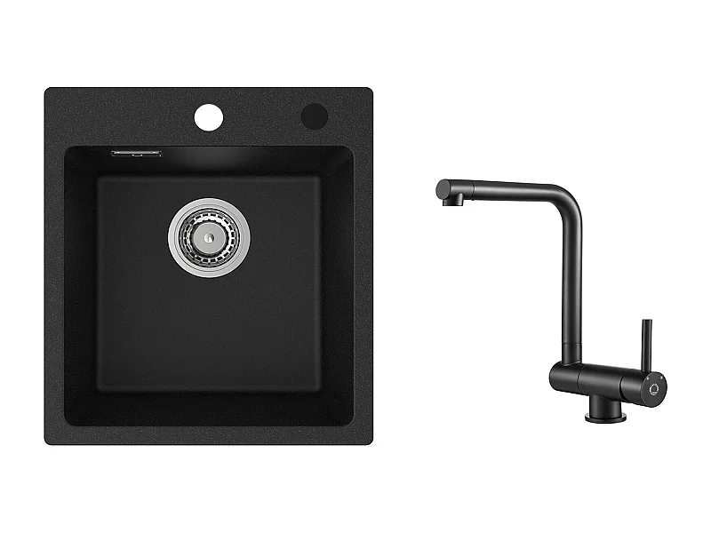 Cecipa MAX 40x45cm Noir Evier de Cuisine en Quartz et Résine Evier 1 Bac + Mitigeur de Cuisine Rabattable Noir