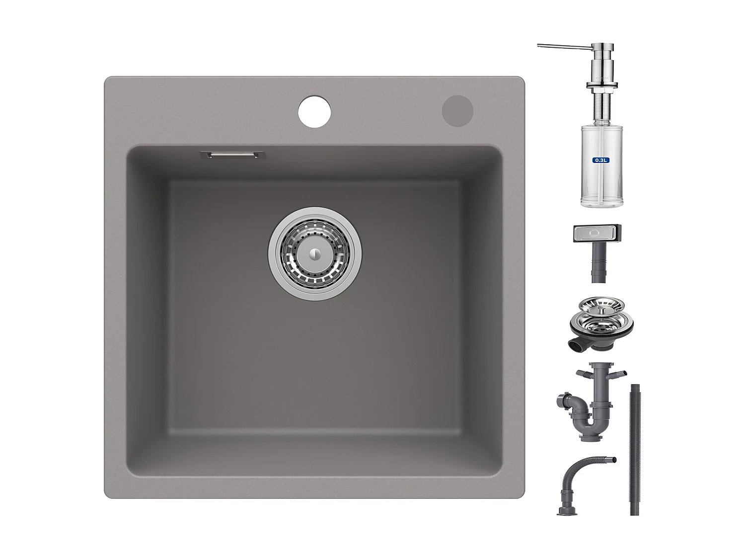 Cecipa max Evier 1 Bac en Quartz et Résine Gris Evier de Cuisine 45x45cm Evier à Encastrer 1 cuve + 300ML Distributeur de Savon Brossé