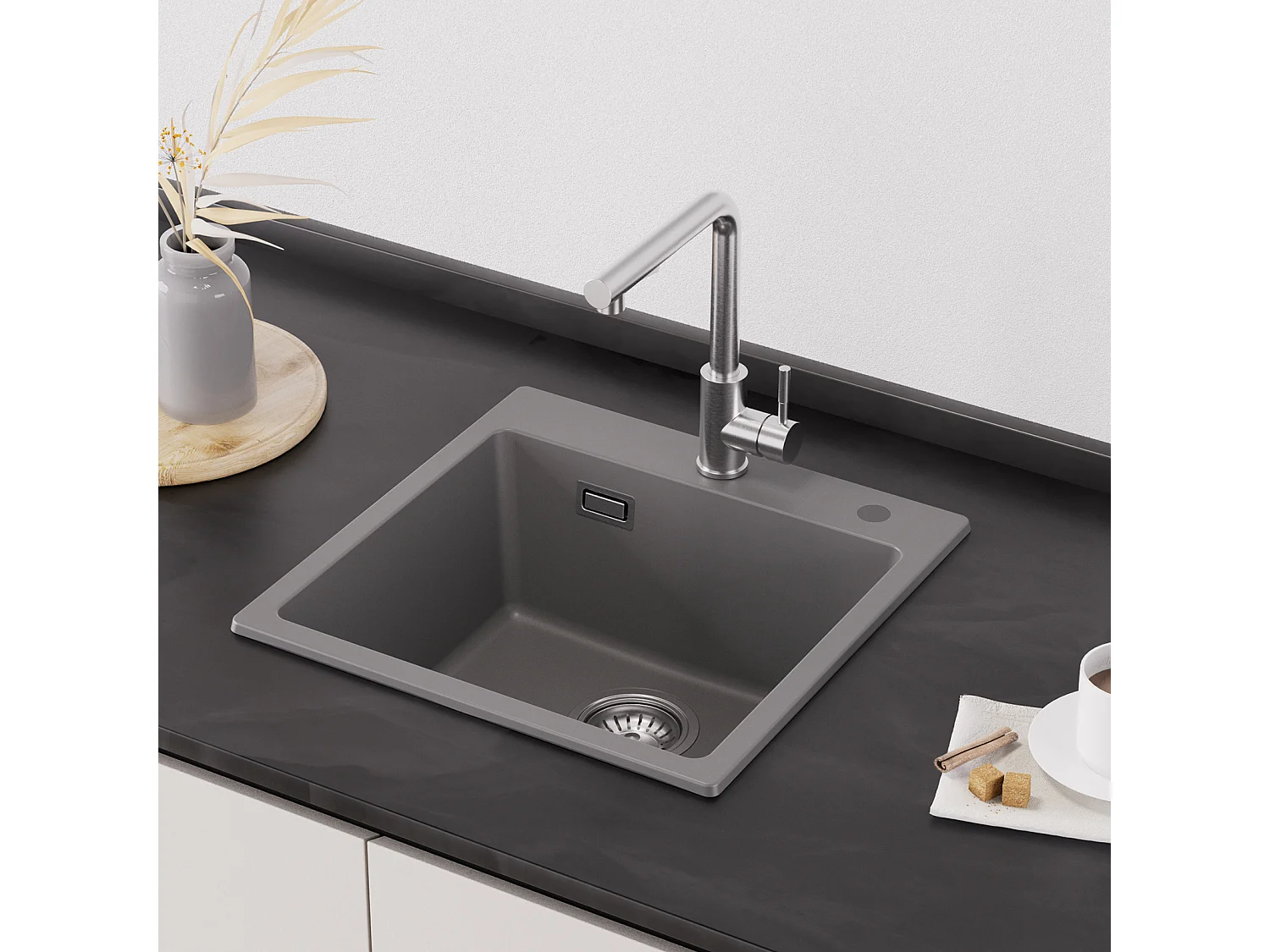Cecipa max Evier 1 Bac en Quartz et Résine Gris Evier de Cuisine 45x45cm Evier à Encastrer 1 cuve + 300ML Distributeur de Savon Brossé