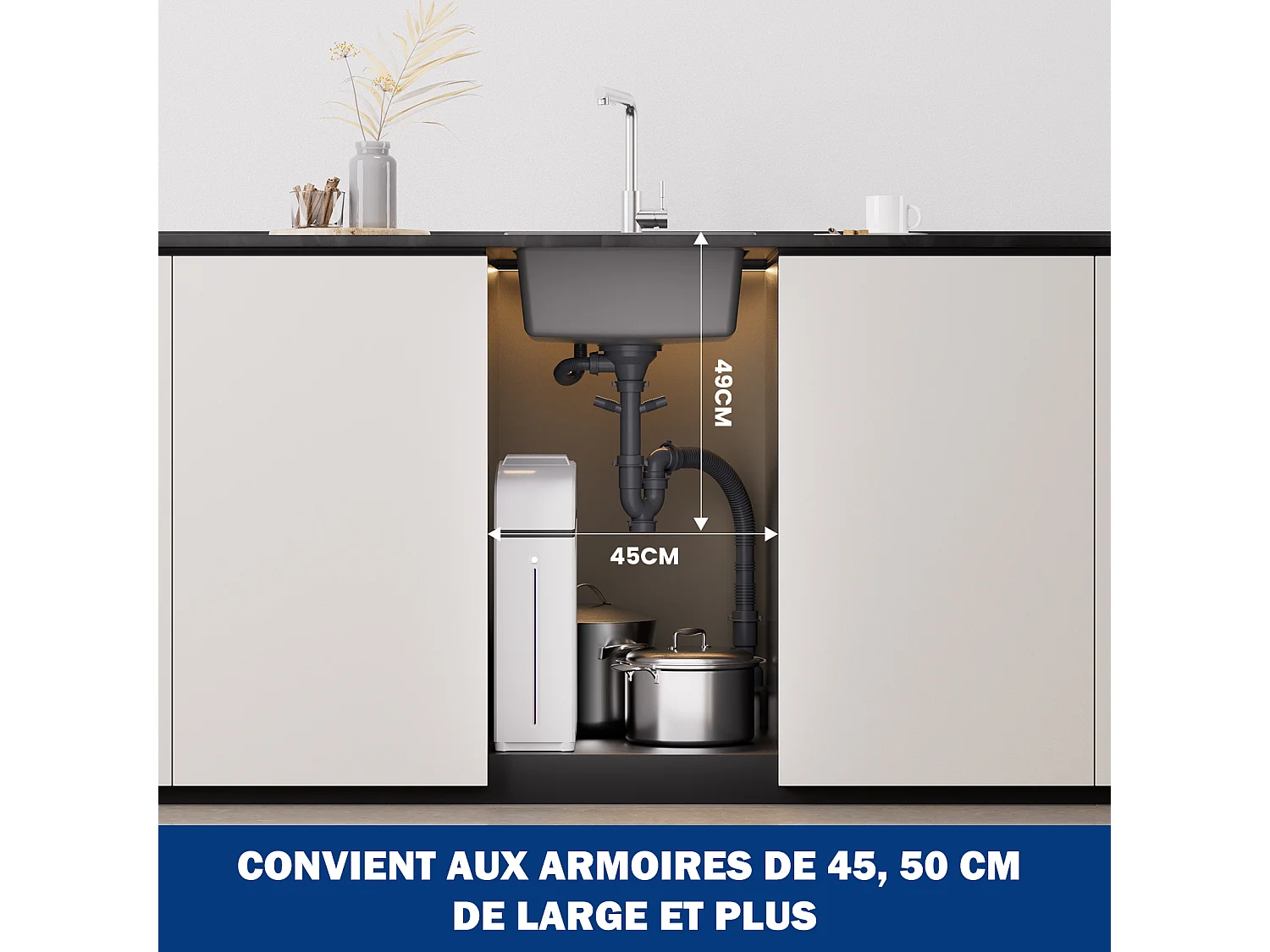 Cecipa max Evier 1 Bac en Quartz et Résine Gris Evier de Cuisine 45x45cm Evier à Encastrer 1 cuve + 300ML Distributeur de Savon Brossé