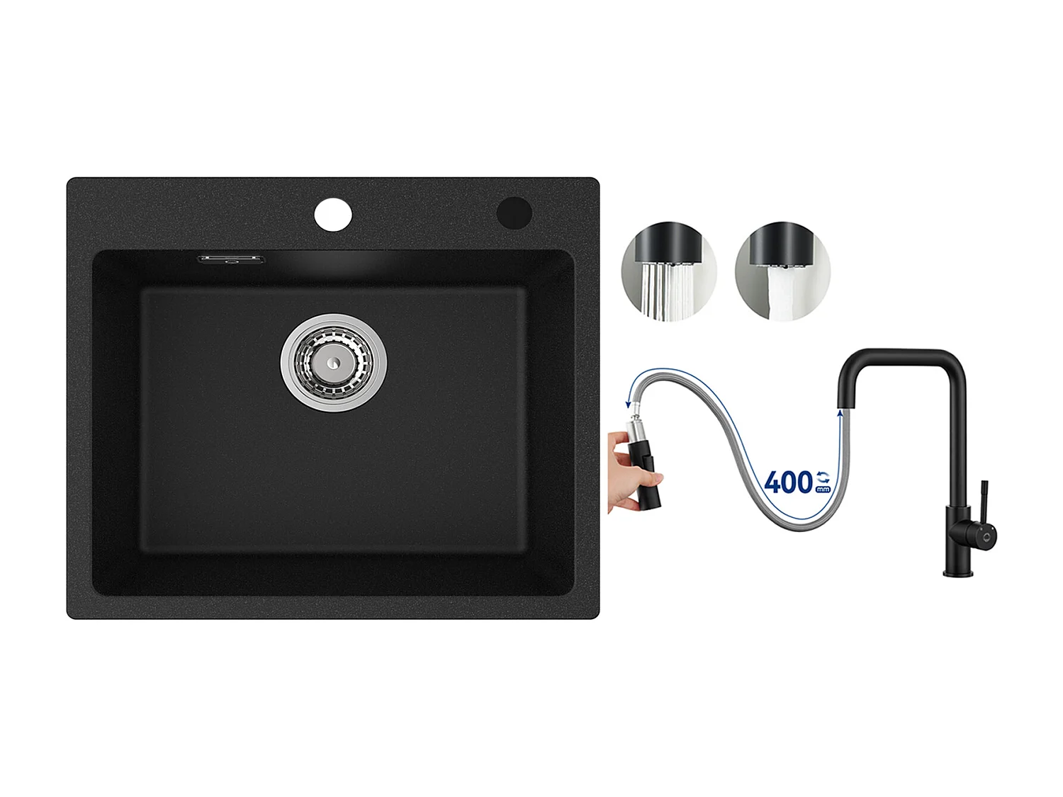 Cecipa Lavabo MAX 1 50x45cm Fregadero de cuarzo y resina Fregadero encastrable + Mezclador con ducha extraíble, Negro