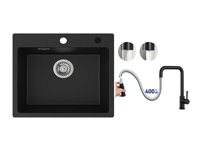 Cecipa MAX 1 wastafel 50x45cm kwarts- en harsspoelbak inbouwspoelbak + mengkraan met uittrekbare spray, zwart