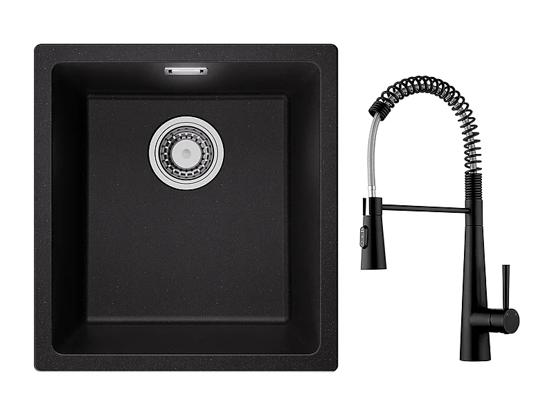 CECIPA MAX Fregadero 1 Seno de Cuarzo y Resina Negro Gris 40*44*20cm + Mezclador de Cocina con Muelle y 3 Modos de Salida de Agua, Negro