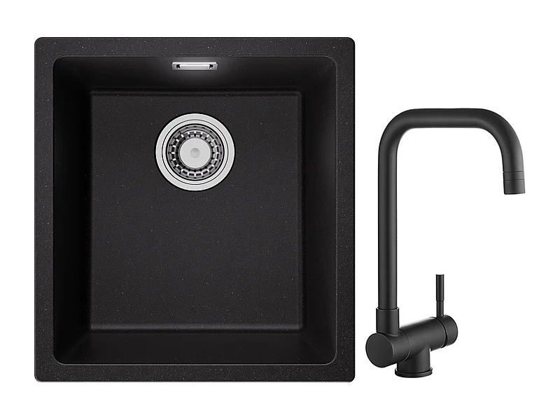 CECIPA MAX Fregadero 1 Seno de Cuarzo y Resina Negro Gris 40*44*20cm + Grifo Monomando Plegable Negro Grifo Monomando Plegable Bajo Ventana