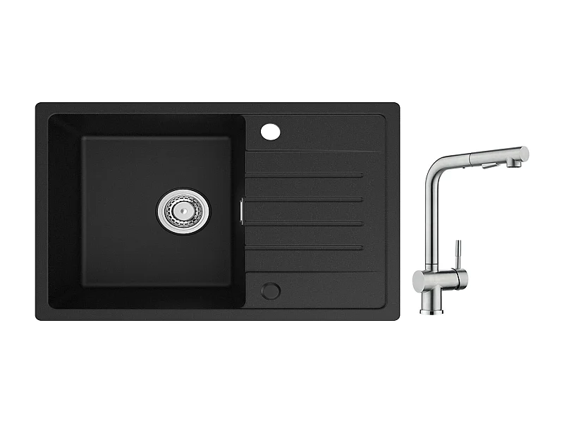 Cecipa max 78x45cm Evier 1 Bac avec Egouttoir Evier à encastrer Quartz et résine Noir + Robinet avec Douchette Mitigeur d'évier Extractible Brossé