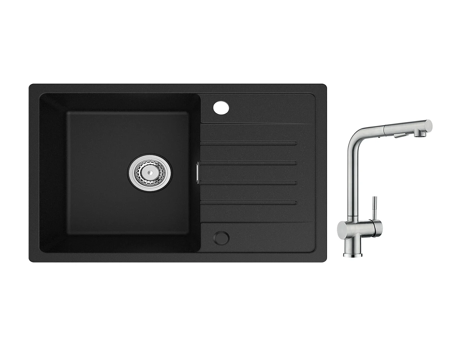 Cecipa max 78x45cm 1 bak spoelbak met afdruiprek Inbouw spoelbak van kwarts en hars Zwart + Kraan met sproeier Uittrekbare spoelbakmengkraan Geborsteld