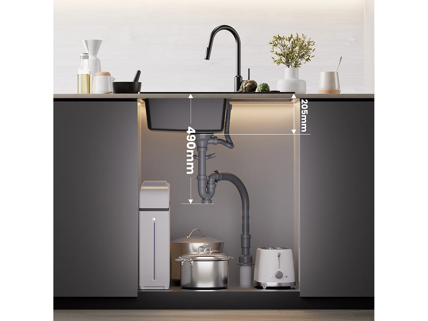 Cecipa max 78x45cm 1 bak spoelbak met afdruiprek Inbouw spoelbak van kwarts en hars Zwart + Kraan met sproeier Uittrekbare spoelbakmengkraan Geborsteld