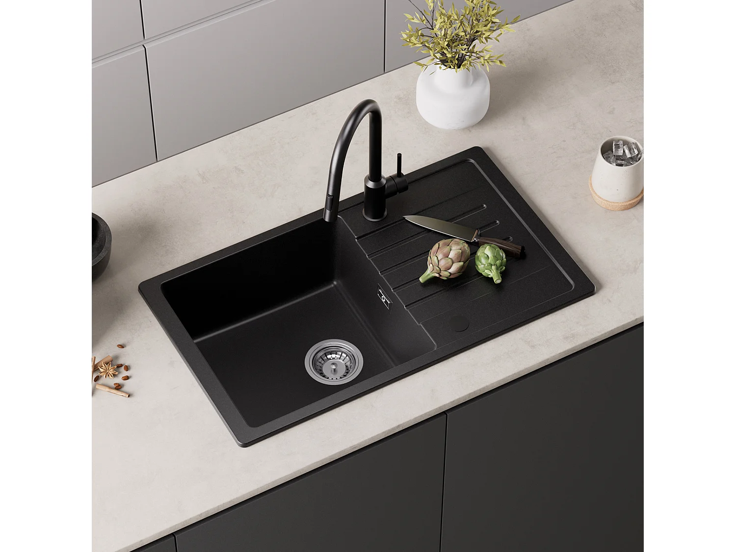 Cecipa max 78x45cm 1 bak spoelbak met afdruiprek Inbouw spoelbak van kwarts en hars Zwart + Kraan met sproeier Uittrekbare spoelbakmengkraan Geborsteld