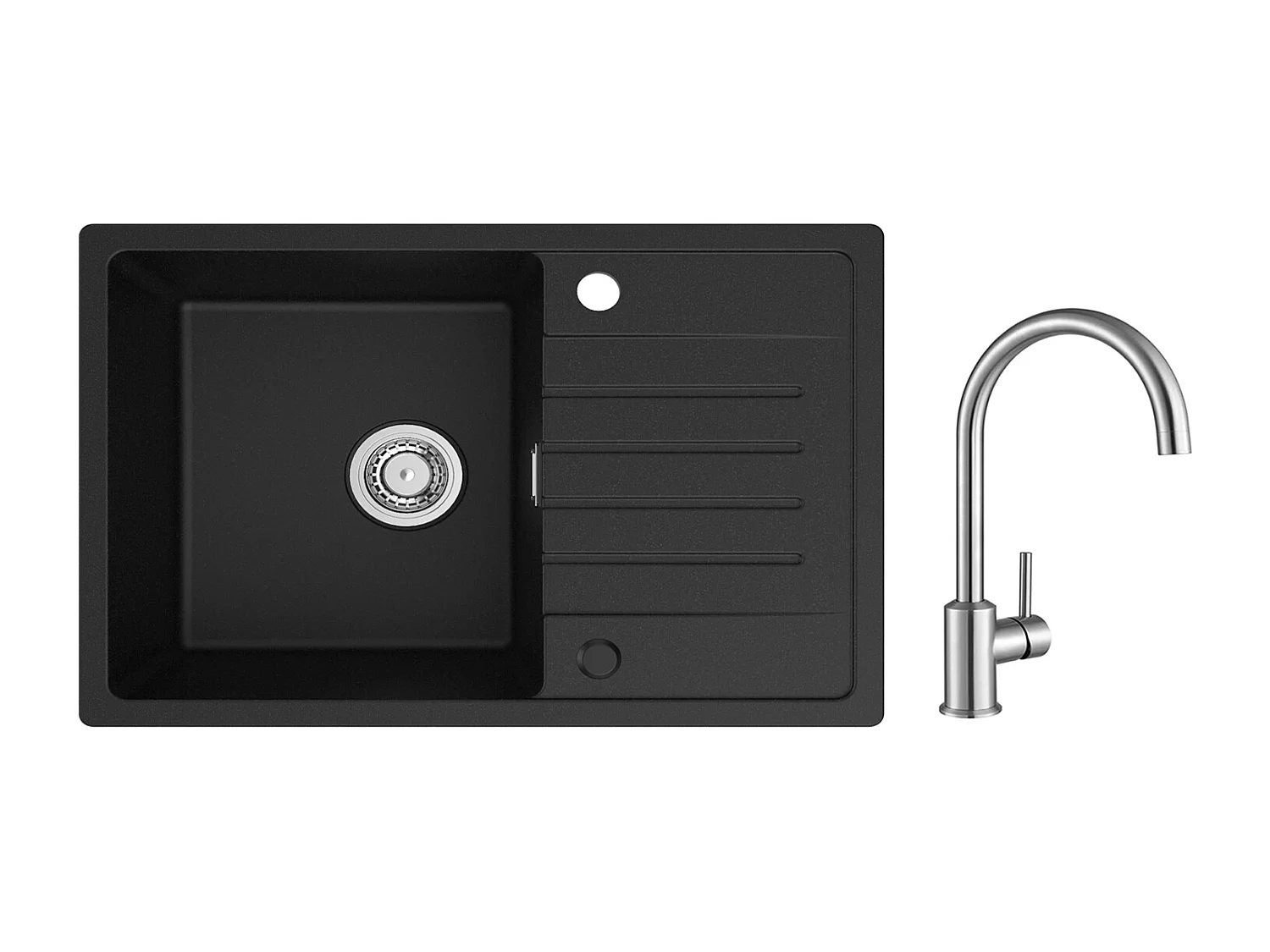 Evier 1 Bac en Quartz et Résine - Noir Evier avec Egouttoir 78x45cm + Mitigeur de Cuisine en Inox Brossé