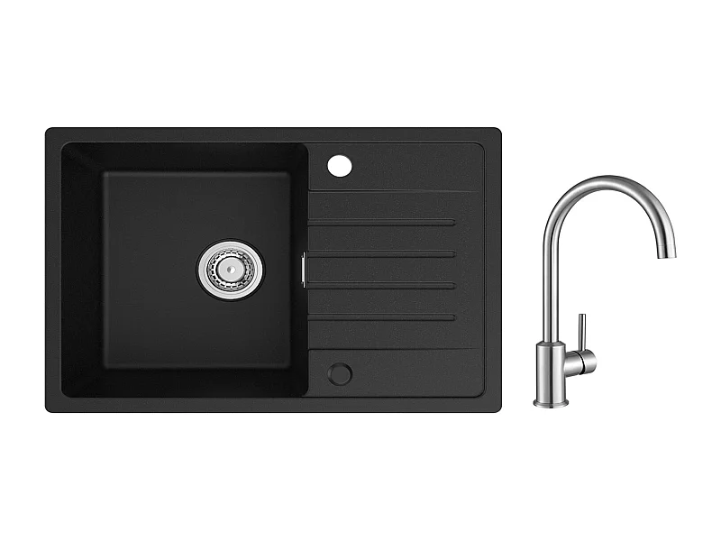 Evier 1 Bac en Quartz et Résine - Noir Evier avec Egouttoir 78x45cm + Mitigeur de Cuisine en Inox Brossé