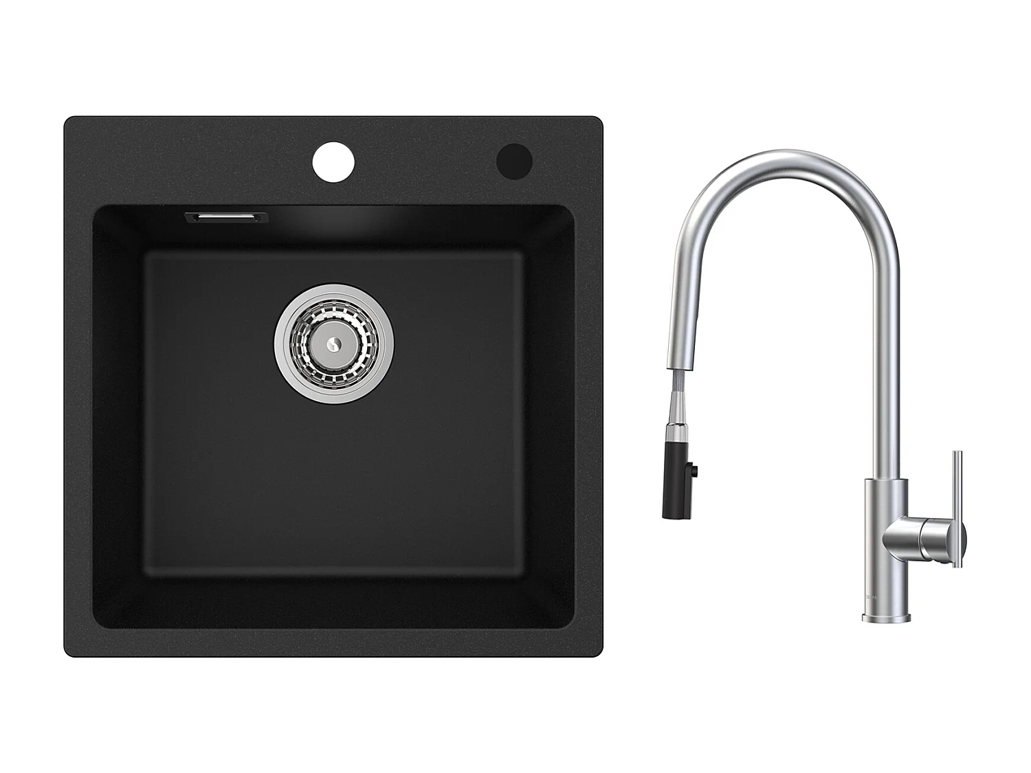 CECIPA MAX Evier Quartz Noir 45x45 cm Evier 1 Bac en Quartz et Résine + Mitigeur de Cuisine Avec Douchette Extractible, 2 Modes de Sortie D'eau,Brossé