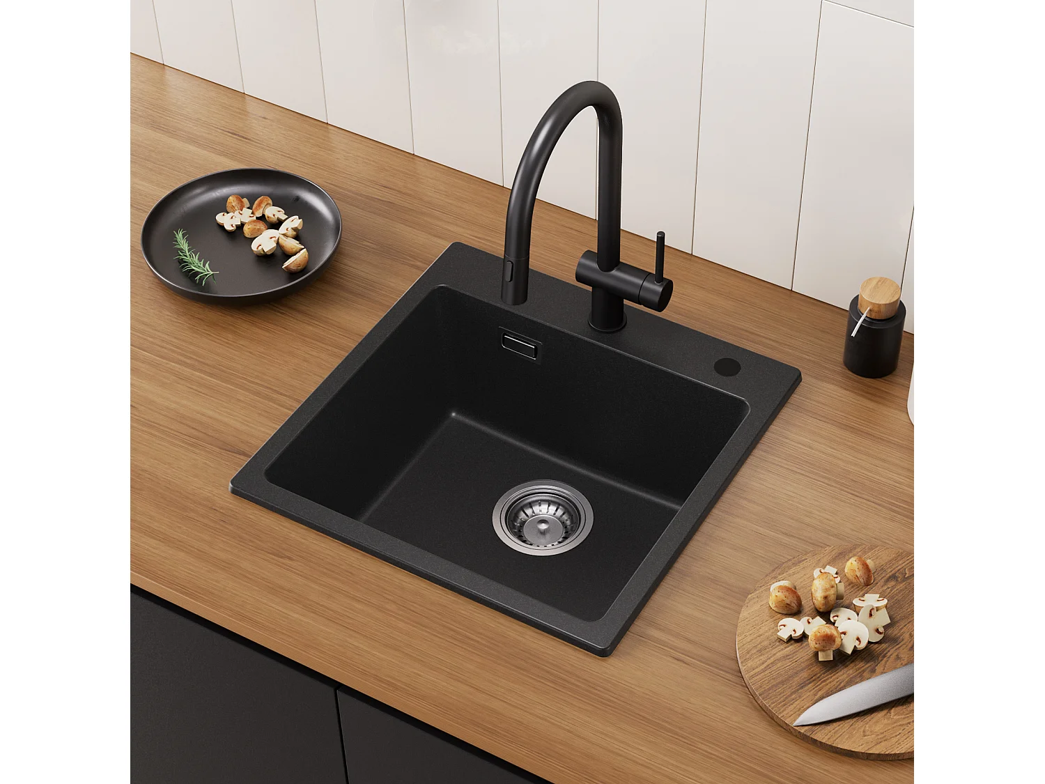 CECIPA MAX Evier Quartz Noir 45x45 cm Evier 1 Bac en Quartz et Résine + Mitigeur de Cuisine Avec Douchette Extractible, 2 Modes de Sortie D'eau,Brossé