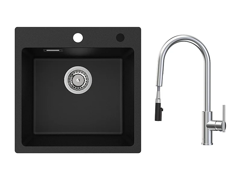 CECIPA MAX Evier Quartz Noir 45x45 cm Evier 1 Bac en Quartz et Résine + Mitigeur de Cuisine Avec Douchette Extractible, 2 Modes de Sortie D'eau,Brossé