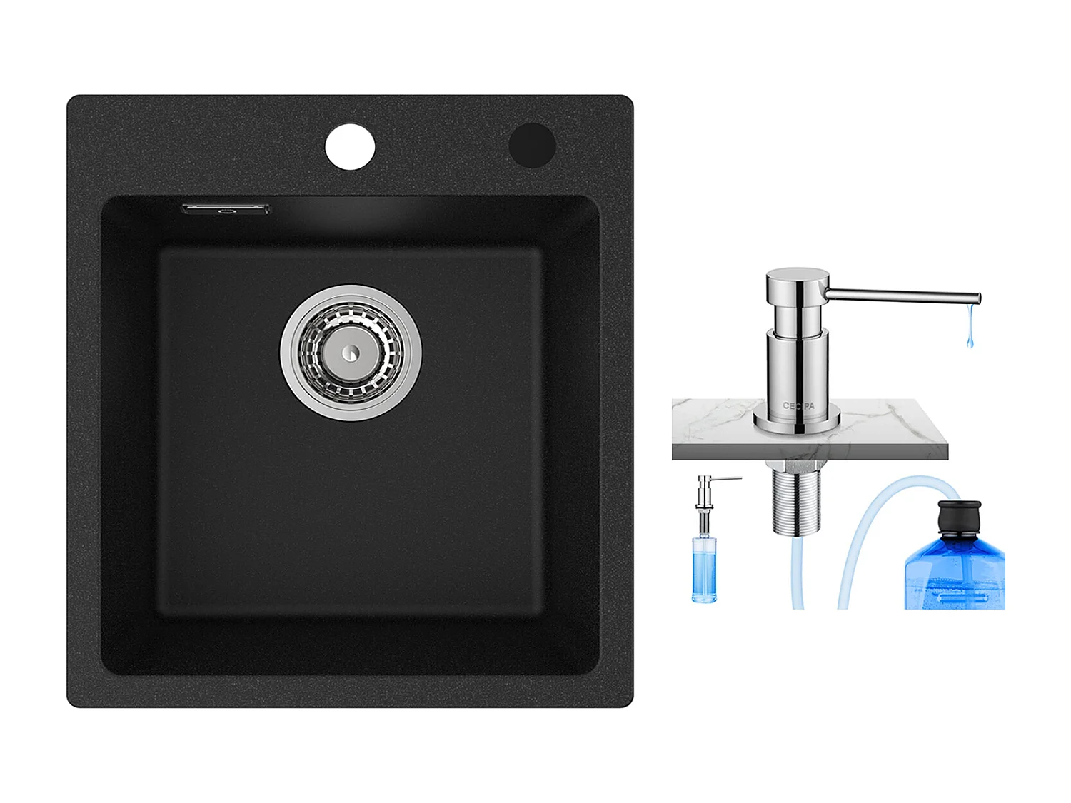 Cecipa MAX 40x45cm Noir Evier de Cuisine en Quartz et Résine Evier 1 Bac à Encastrer + 300ML Distributeur de Savon de Cuisine Chromé