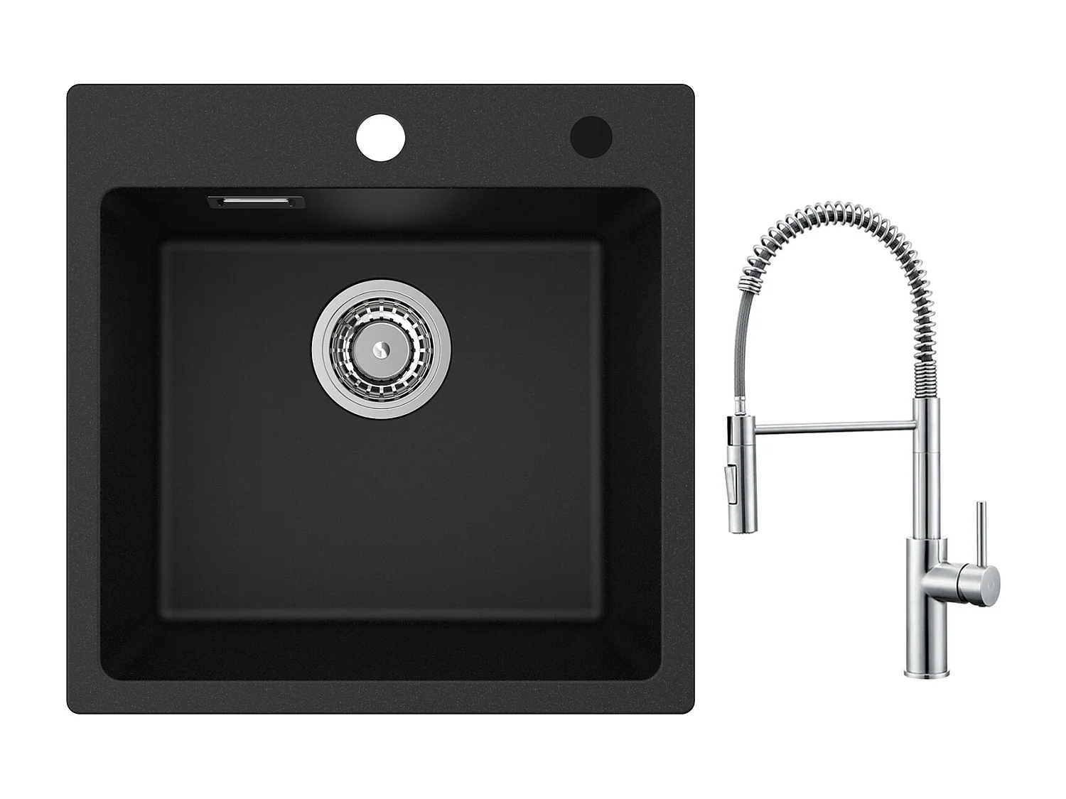 Cecipa max Evier Quartz Noir 45x45 cm Evier 1 Bac en Quartz et Résine Evier de Cuisine + Mitigeur Cuisine à Ressort Brossé avec Douchette Extractible