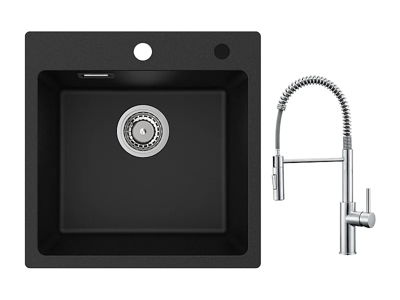 Cecipa max Evier Quartz Noir 45x45 cm Evier 1 Bac en Quartz et Résine Evier de Cuisine + Mitigeur Cuisine à Ressort Brossé avec Douchette Extractible