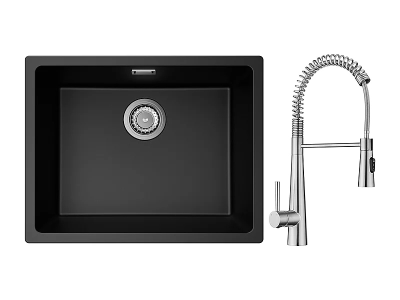 CECIPA MAX Lavello 1 Vasca in Quarzo e Resina Nero Grigio 55*44*20cm + Miscelatore Cucina Spring con 3 Modalità di Uscita Acqua, Spazzolato