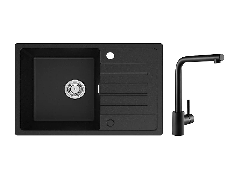 Evier 1 Bac en Quartz et Résine - Noir Evier avec Egouttoir 78x45cm + Mitigeur de Evier Noir Rrotatif à 360 °