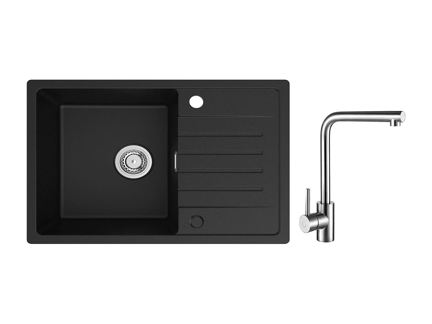 Evier 1 Bac en Quartz et Résine - Noir Evier avec Egouttoir 78x45cm + Mitigeur de Evier Rrotatif à 360 ° Brossé