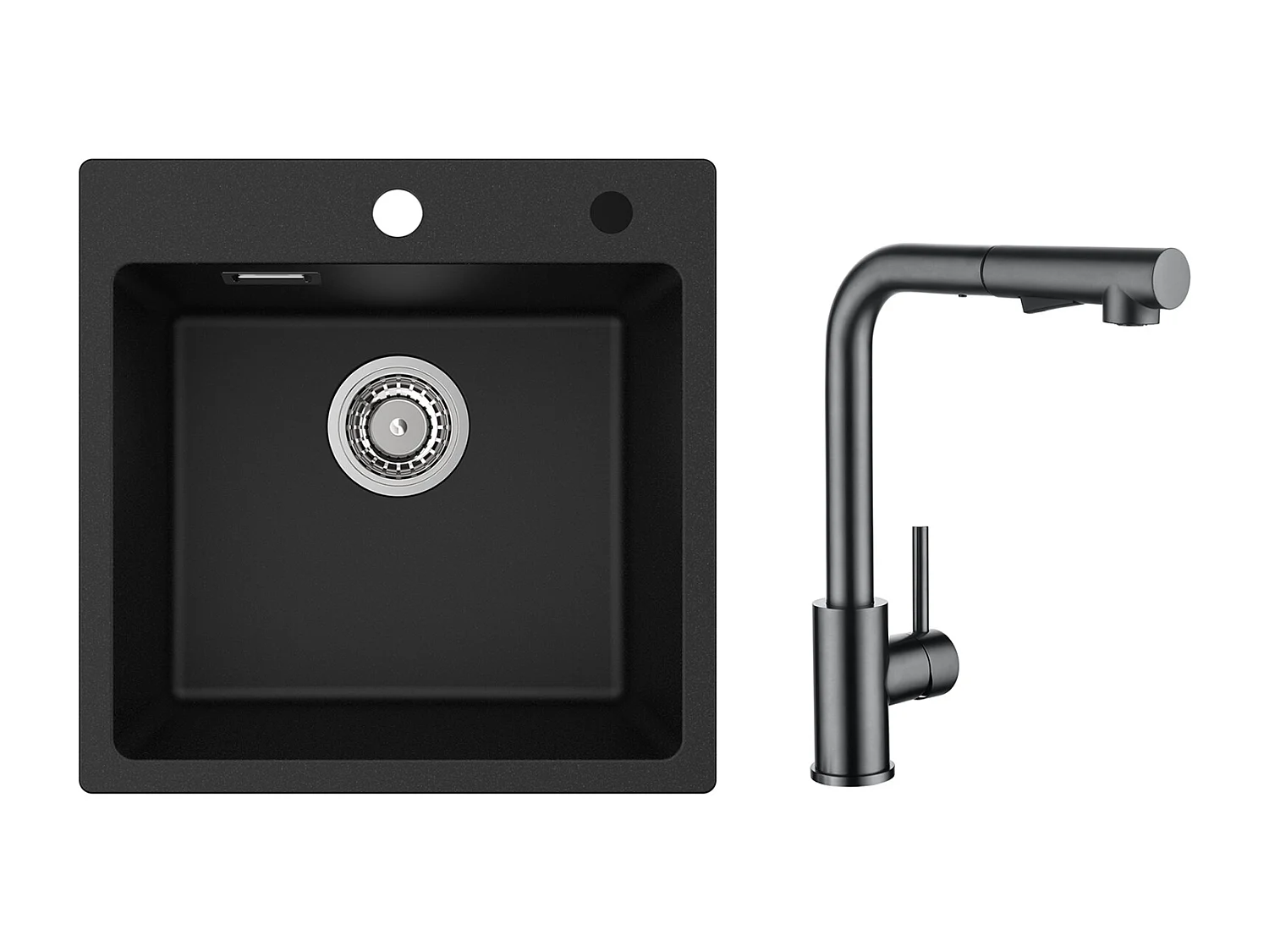 Cecipa MAX Lavello 1 Vasca in Quarzo e Resina Nera 45x45cm Lavello Incasso + Miscelatore Cucina Con Doccia Estraibile