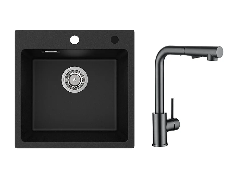 Cecipa MAX Einzelbecken aus Quarz und Kunstharz, Schwarz, 45 x 45 cm, Einbauspüle + Küchenmischbatterie mit ausziehbarer Brause