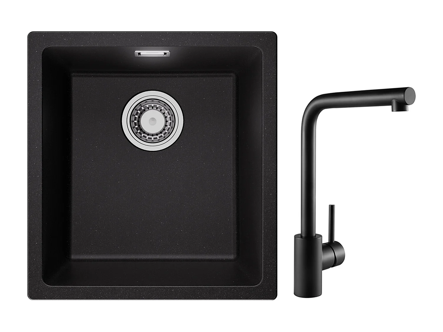 Evier 1 Bac en Quartz et Résine, 3 Options de Montage, 40*44*20cm + Mitigeur de Evier Noir Rrotatif à 360 °