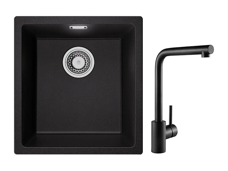 Lavello a 1 Vasca in Quarzo e Resina, 3 Opzioni di Montaggio, 40*44*20cm + Miscelatore Lavello Nero Girevole a 360°