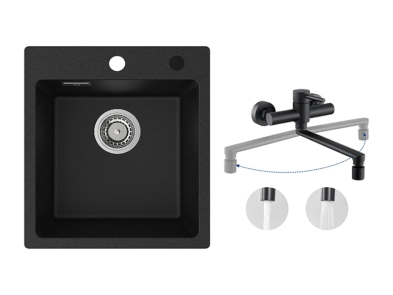 Cecipa MAX 40x45cm Noir Evier de Cuisine en Quartz et Résine Evier 1 Bac + Mitigeur de Cuisine Mural avec 2 Jets Noir