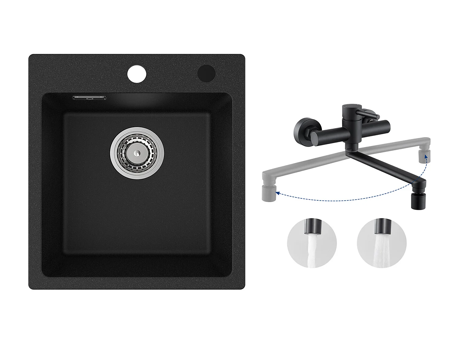 Cecipa MAX 40x45cm Noir Evier de Cuisine en Quartz et Résine Evier 1 Bac + Mitigeur de Cuisine Mural avec 2 Jets Noir