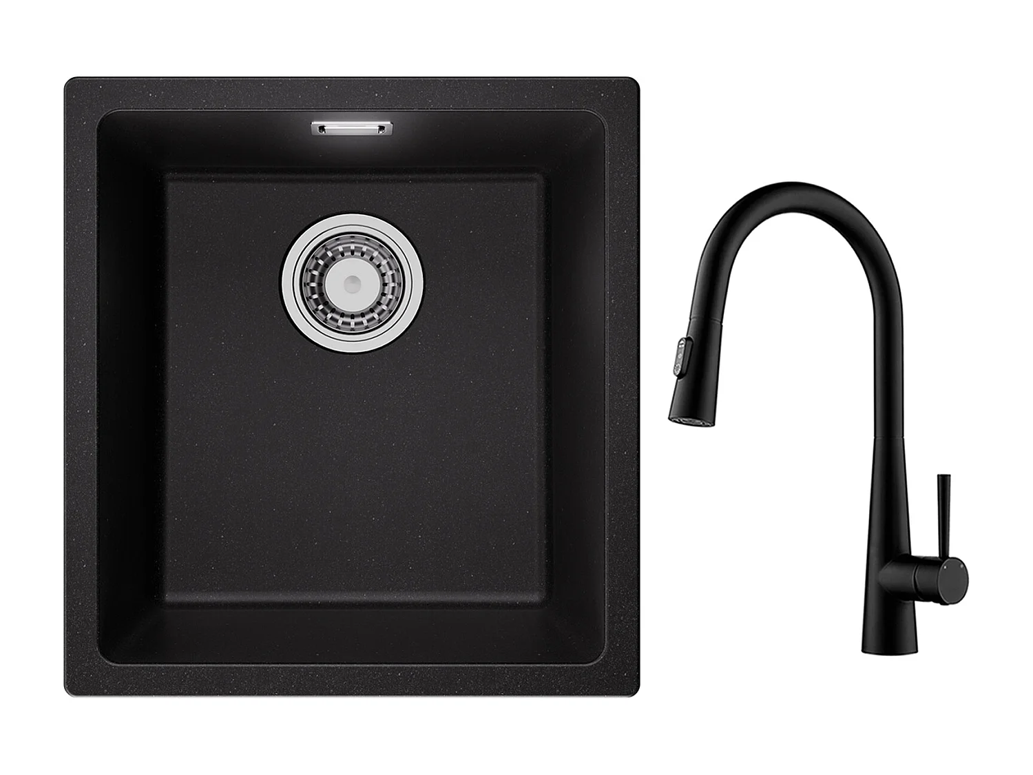 CECIPA MAX Fregadero 1 Seno de Cuarzo y Resina Negro Gris 40*44*20cm + Mezclador de Cocina con Ducha Extraíble Con 3 Modos de Salida de Agua Negro