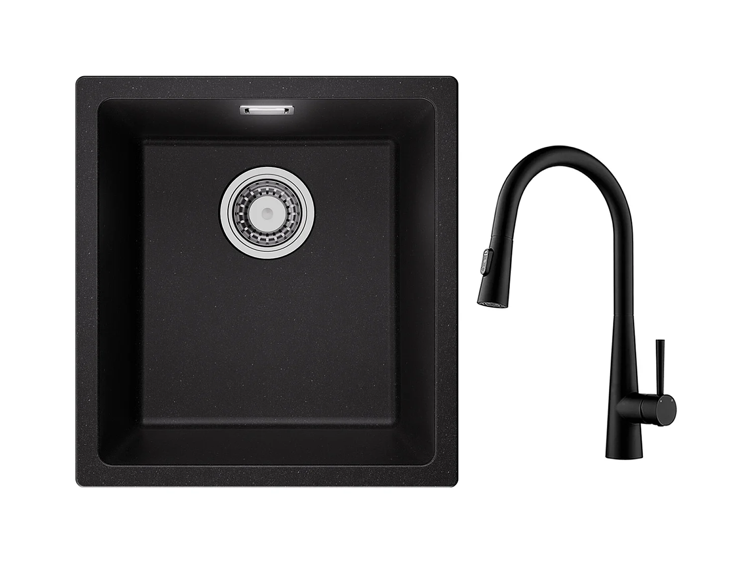 CECIPA MAX Fregadero 1 Seno de Cuarzo y Resina Negro Gris 40*44*20cm + Mezclador de Cocina con Ducha Extraíble Con 3 Modos de Salida de Agua Negro