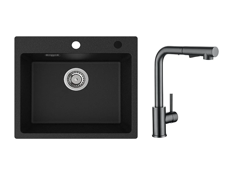 Cecipa MAX Evier 1 Bac 50x45cm Evier en Quartz et Résine Evier à Encastrer + Mitigeur Cuisine Avec Douchette Extractible