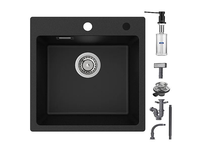 Cecipa max Einzelbecken Quarz- und Kunstharzspüle Schwarze Küchenspüle 45x45cm Einbauspüle 1 Becken + 300 ml schwarzer Seifenspender