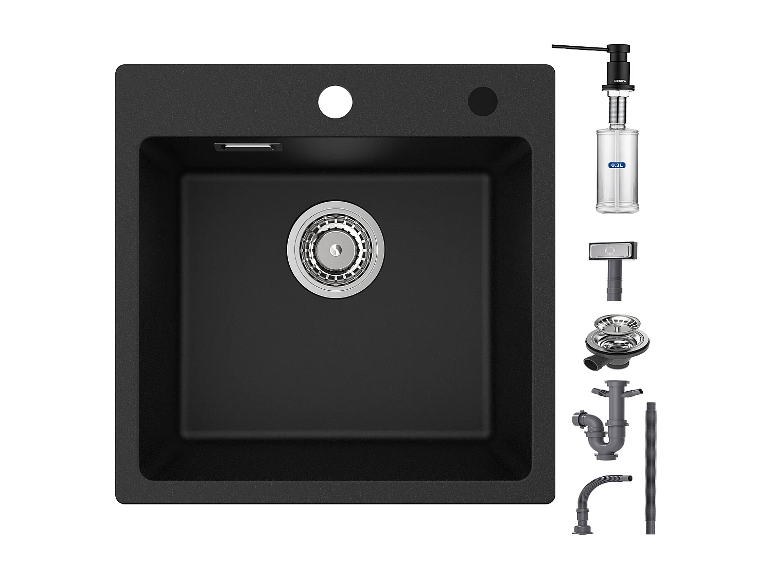 Cecipa max Evier 1 Bac en Quartz et Résine Noir Evier de Cuisine 45x45cm Evier à Encastrer 1 cuve + 300ML Distributeur de Savon Noir