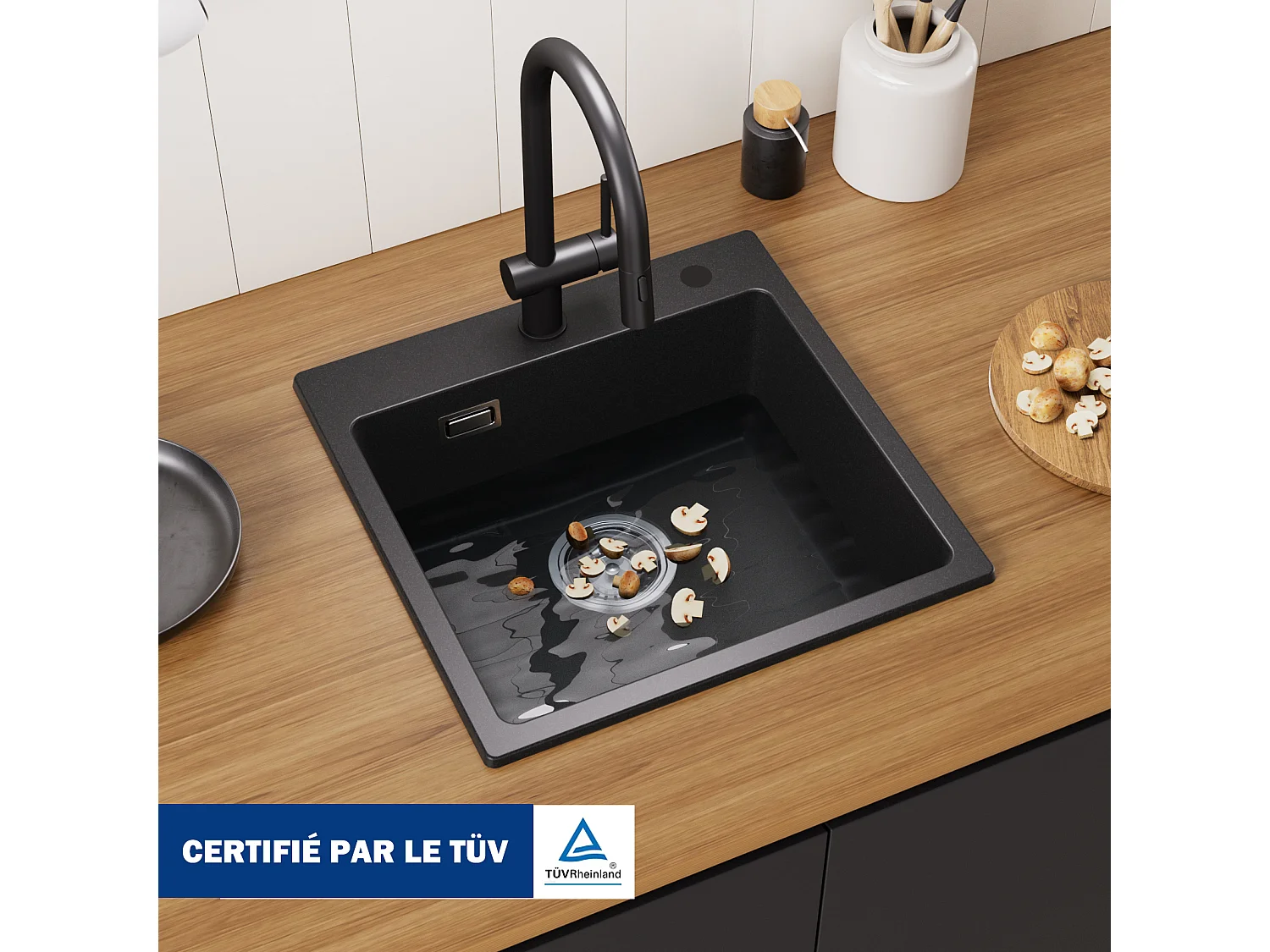 Cecipa max Evier 1 Bac en Quartz et Résine Noir Evier de Cuisine 45x45cm Evier à Encastrer 1 cuve + 300ML Distributeur de Savon Noir