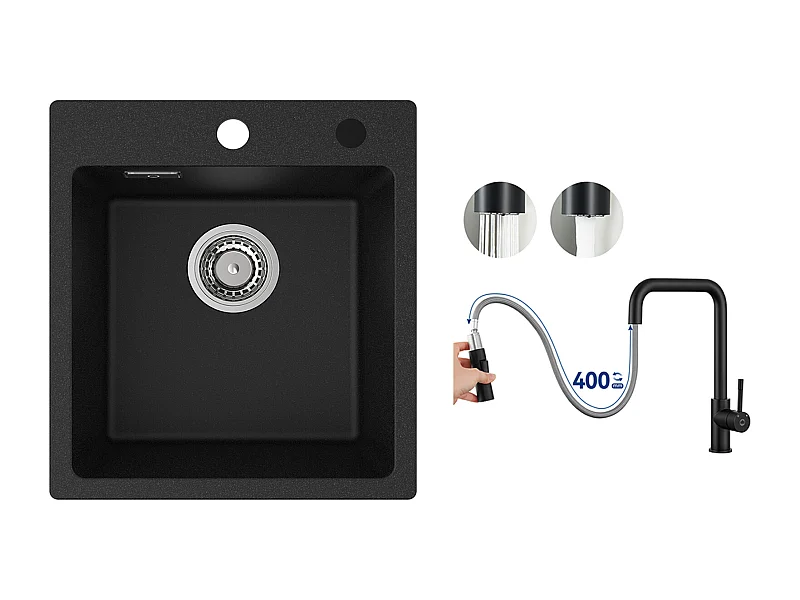 Cecipa MAX 40x45cm Noir Evier de Cuisine en Quartz et Résine Evier 1 Bac + Mitigeur avec Douchette Extractible, Noir