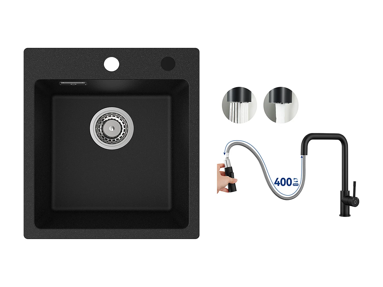 Cecipa MAX 40x45cm Noir Evier de Cuisine en Quartz et Résine Evier 1 Bac + Mitigeur avec Douchette Extractible, Noir